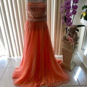 Elegant Peach Chiffon Strapless Embellished Formal Evening Gown Size 16